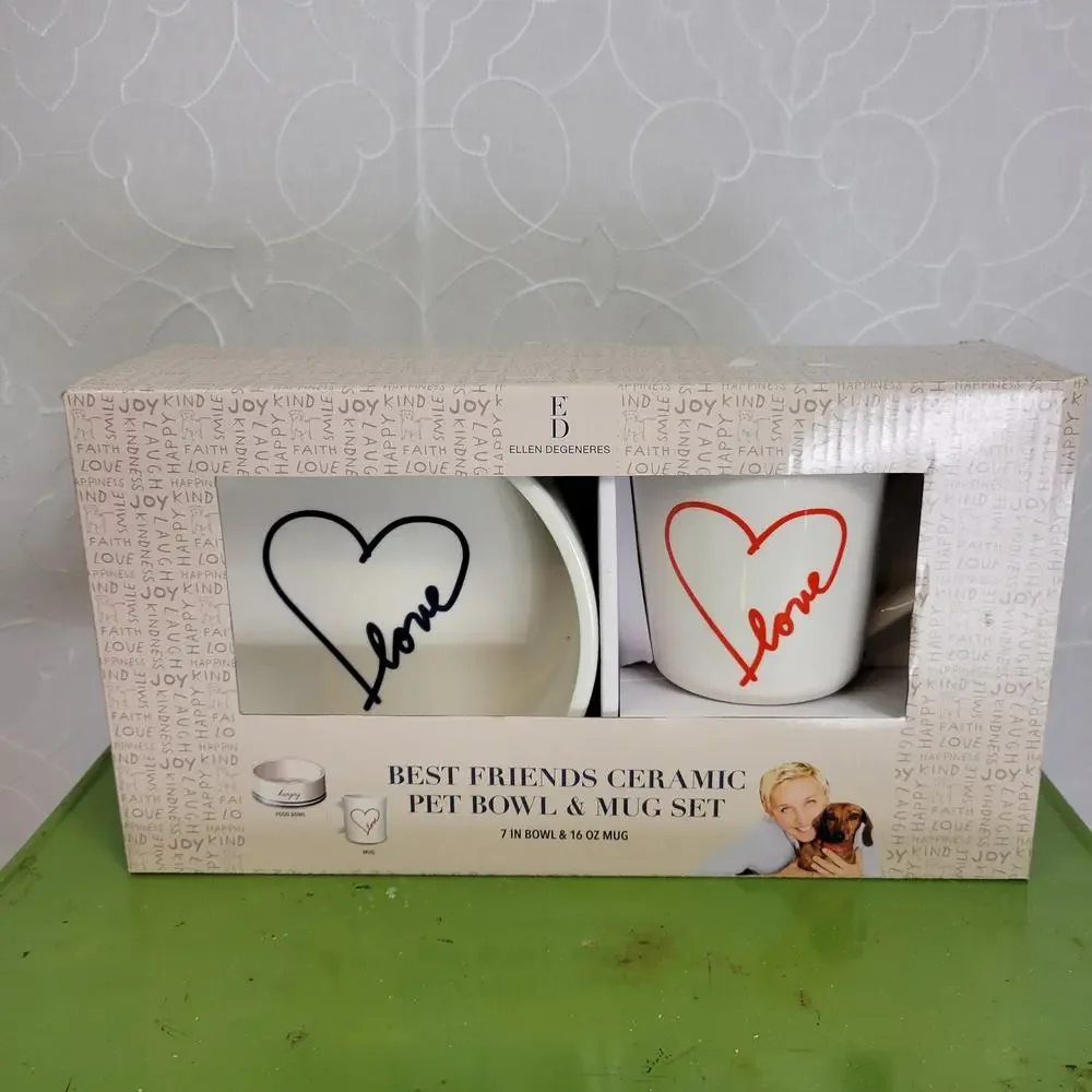 ED Ellen DeGeneres Best Friends Ceramics Pet Bowl & Mug Set White Red NEW